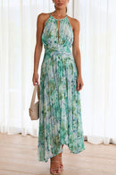 Margovil V Neck Waisted Cut Out Floral Pleated Maxi Dress