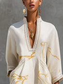 Ivory Gold Print V-Neck Mini Dress With Crochet Trim