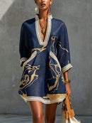 Ivory Gold Print V-Neck Mini Dress With Crochet Trim