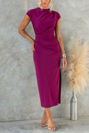 Ruched Cap Sleeve Side Slit Bodycon Midi Dress