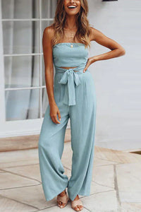 Margovil Off Shoulder Bow Tie Waist Wide Leg Jumpsuit