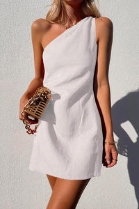 One Shoulder Solid Cotton Linen Mini Dress