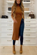 Margo Maillard Turtleneck High Slit Ribbed Knit Dress