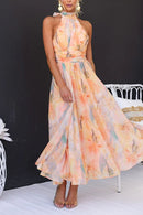 Halter Neck Open Back Waisted Watercolor Print Maxi Dress