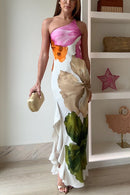One Shoulder Side Draped Ruffle Slit Floral Print Maxi Dress