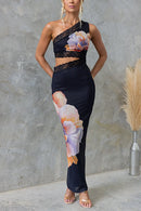 Margovil One Shoulder Cut Out Lace Splice Floral Maxi Bodycon Dress