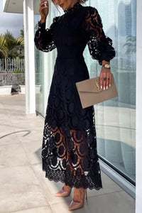Mockneck Puff Sleeves Lace Hollow Out Mid Dress