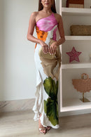 One Shoulder Side Draped Ruffle Slit Floral Print Maxi Dress