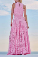 Margovil Lace Hollow Out Crewneck Crop Tank Top High Waist Maxi Swing Skirt Set