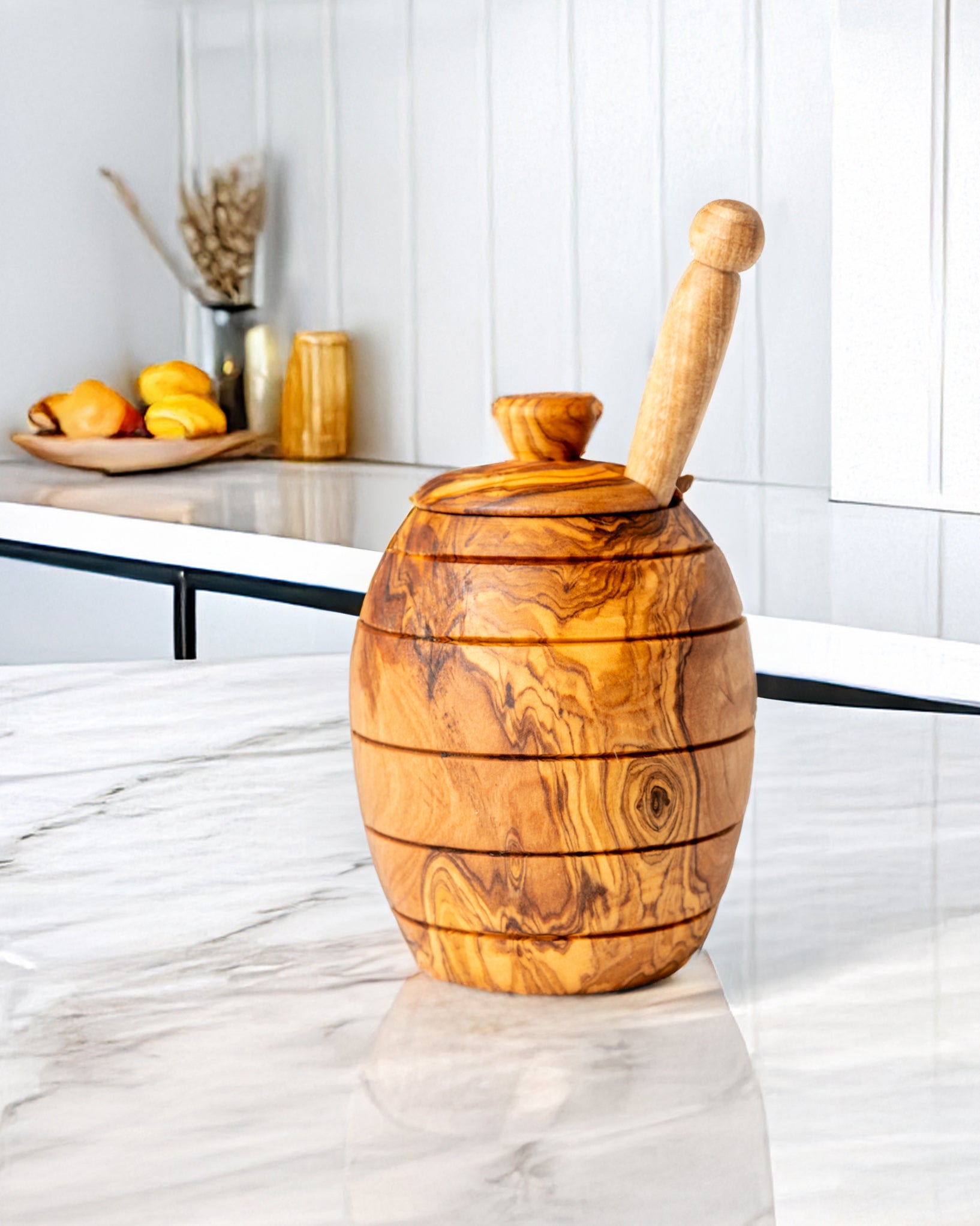 Olive Wood Honey Jar with Dipper - Hand-Carved Honey Pot