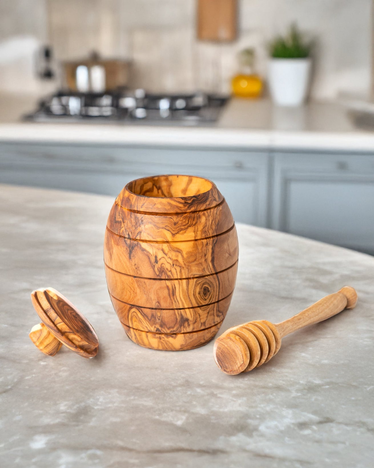 Olive Wood Honey Jar with Dipper - Hand-Carved Honey Pot