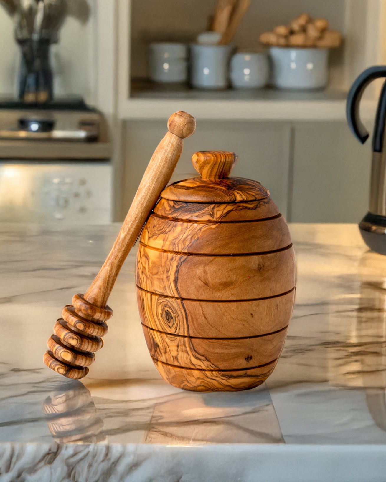 Olive Wood Honey Jar with Dipper - Hand-Carved Honey Pot
