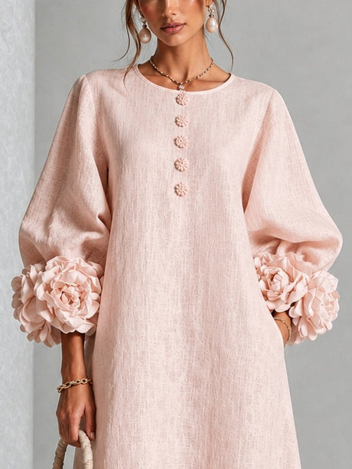 Pink Floral Button-down Midi Dress With Striking Floral Cuffs