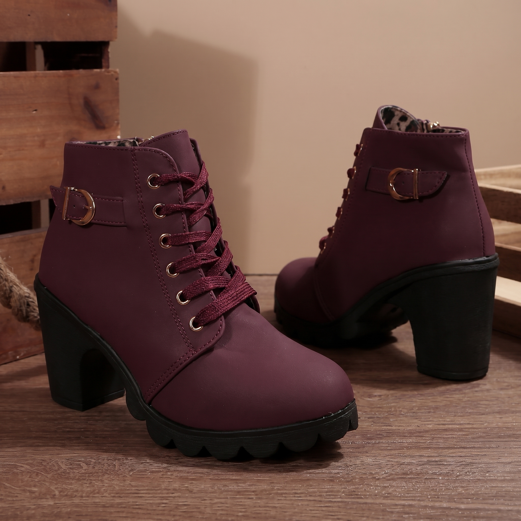KATNI™ - Chic Lace-Up Metal Buckle Chunky Ankle Boots